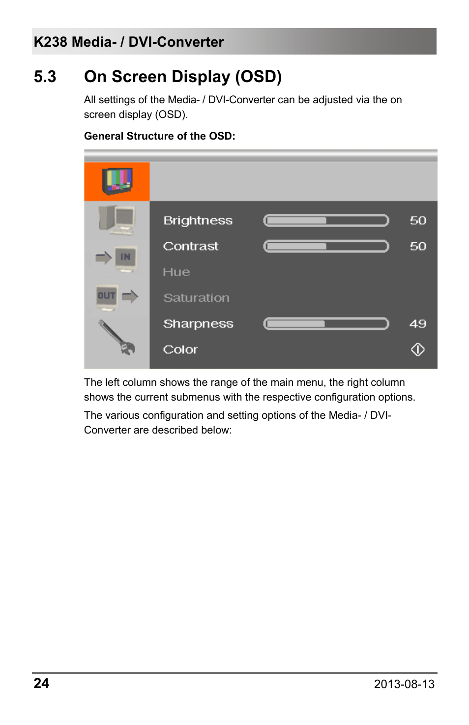 3 on screen display (osd), On screen display (osd) | IHSE USA 238 Series Media Converter User Manual | Page 24 / 64
