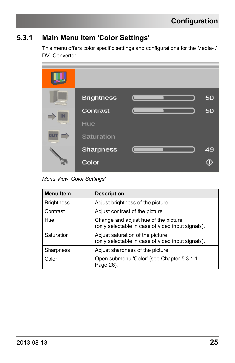 1 main menu item 'color settings, Main menu item 'color settings, Configuration | IHSE USA 238 Series Media Converter User Manual | Page 25 / 64
