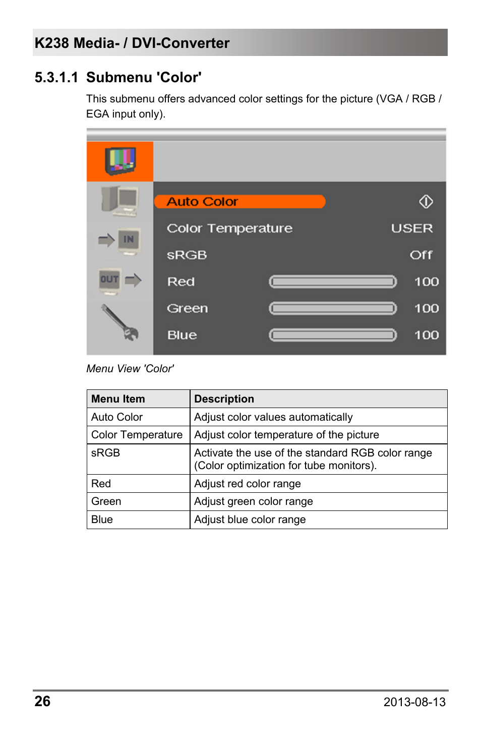 1 submenu 'color | IHSE USA 238 Series Media Converter User Manual | Page 26 / 64