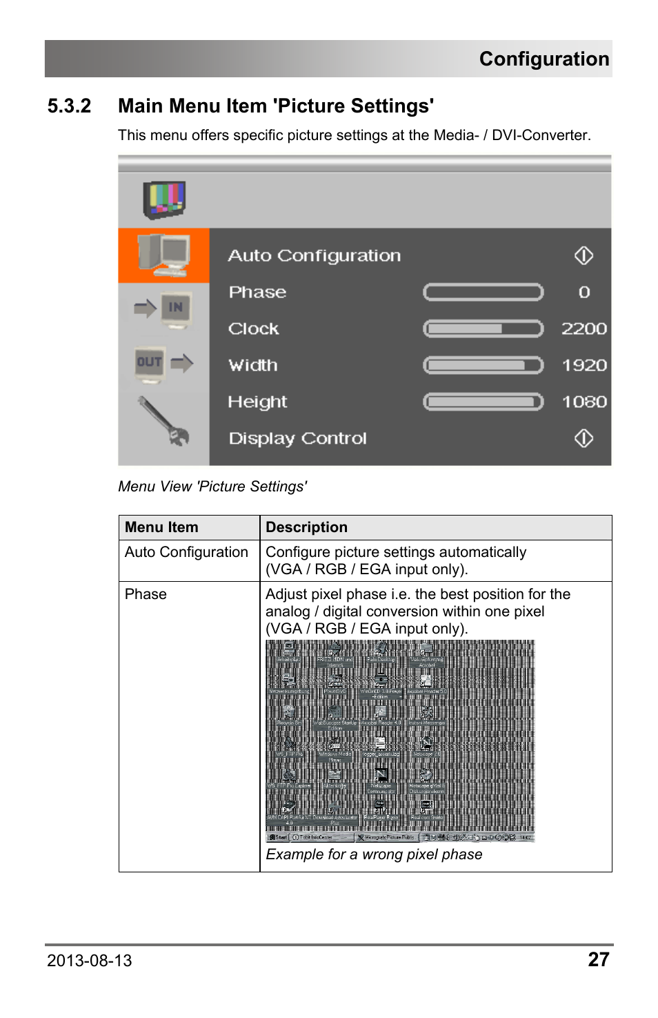 2 main menu item 'picture settings, Main menu item 'picture settings, Configuration | IHSE USA 238 Series Media Converter User Manual | Page 27 / 64