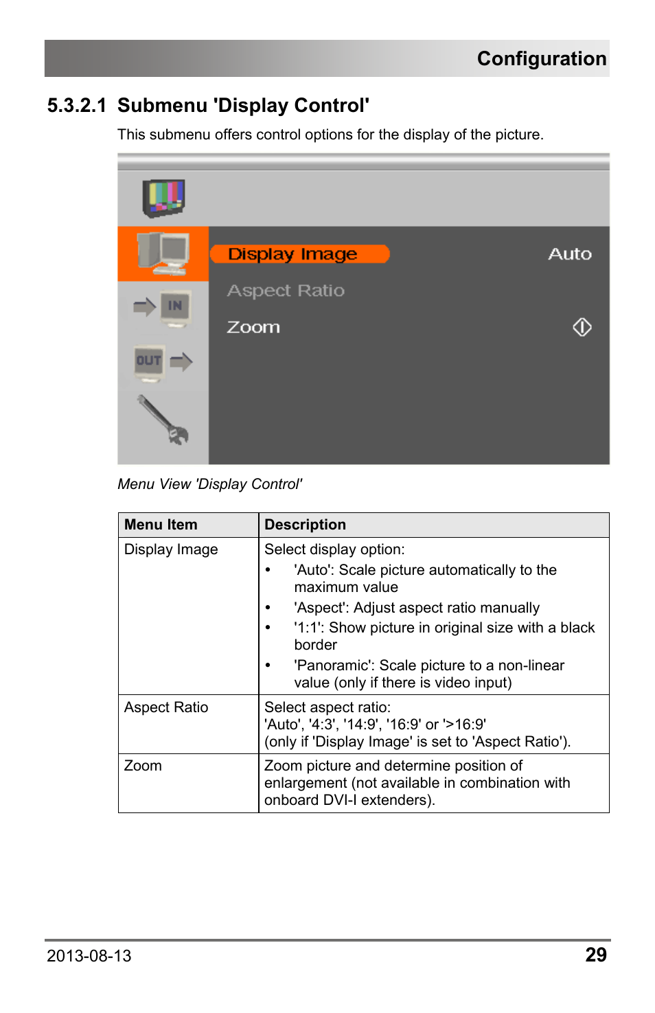 1 submenu 'display control, Configuration | IHSE USA 238 Series Media Converter User Manual | Page 29 / 64