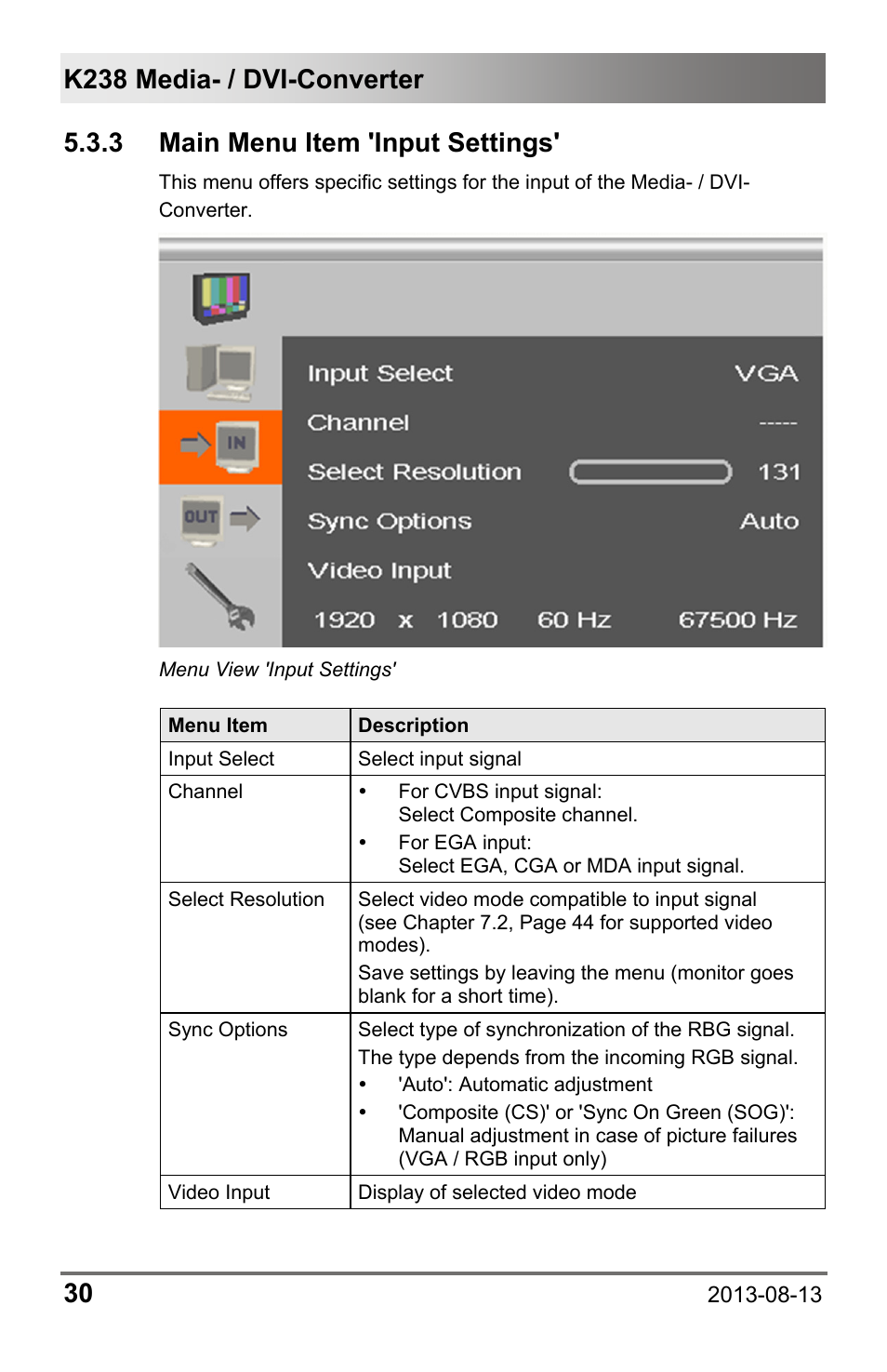 3 main menu item 'input settings, Main menu item 'input settings | IHSE USA 238 Series Media Converter User Manual | Page 30 / 64