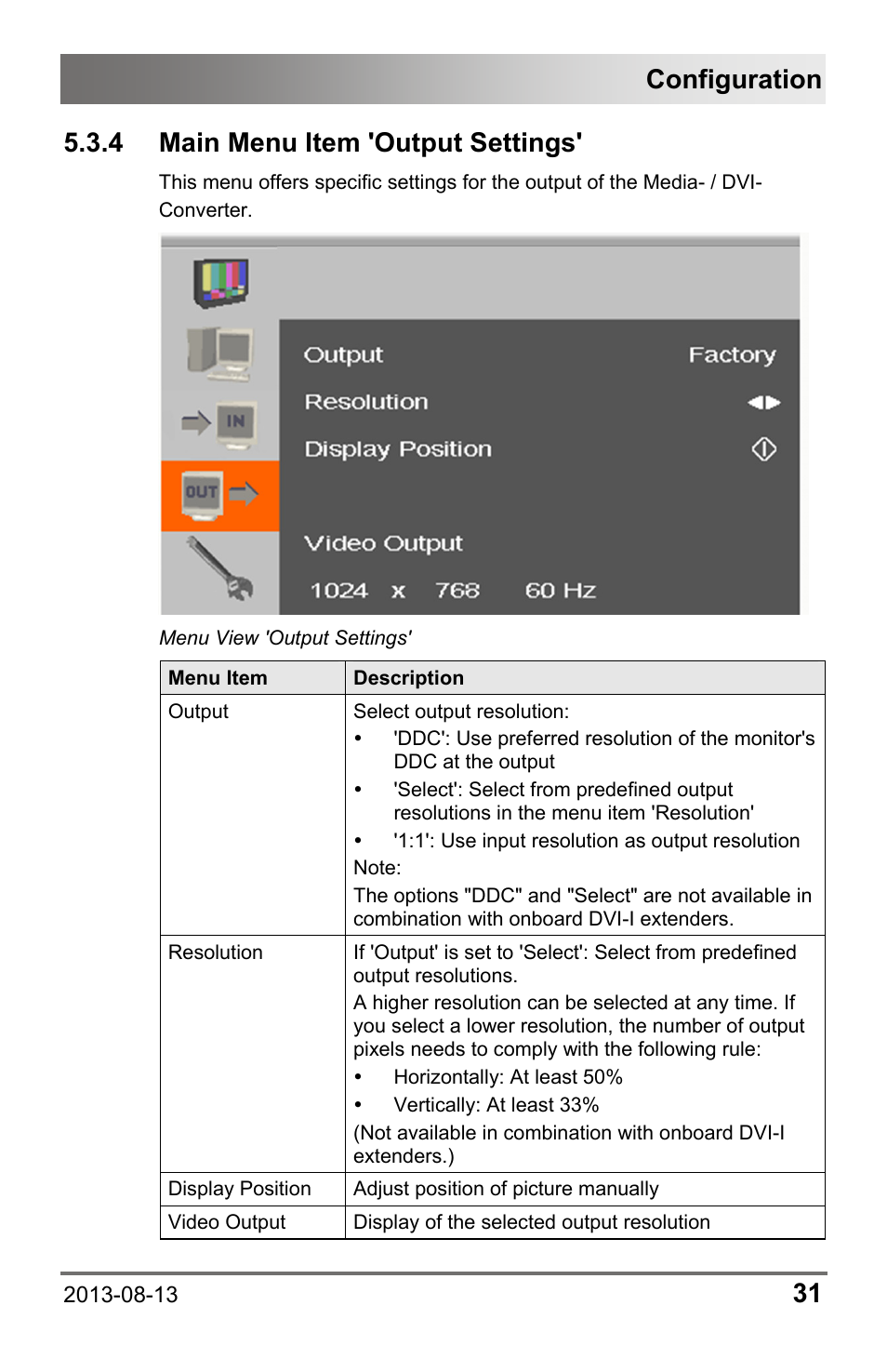 4 main menu item 'output settings, Main menu item 'output settings, Configuration | IHSE USA 238 Series Media Converter User Manual | Page 31 / 64