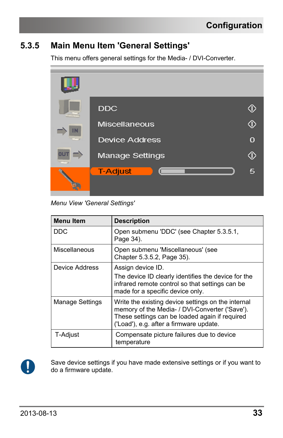 5 main menu item 'general settings, Main menu item 'general settings, Configuration | IHSE USA 238 Series Media Converter User Manual | Page 33 / 64
