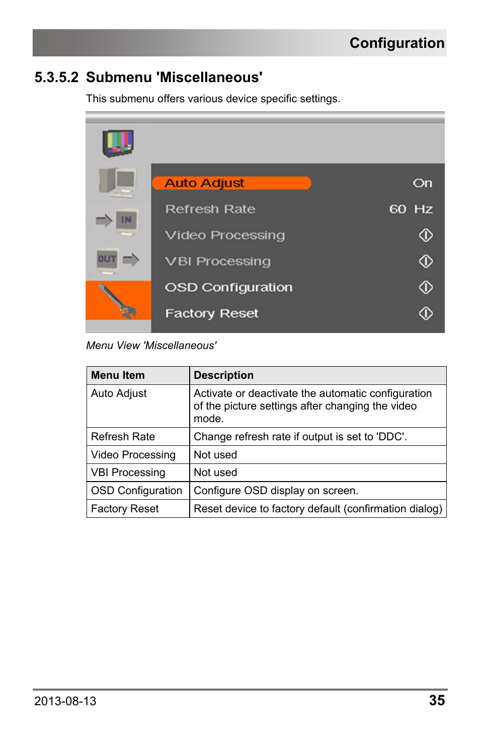 2 submenu 'miscellaneous, Configuration | IHSE USA 238 Series Media Converter User Manual | Page 35 / 64