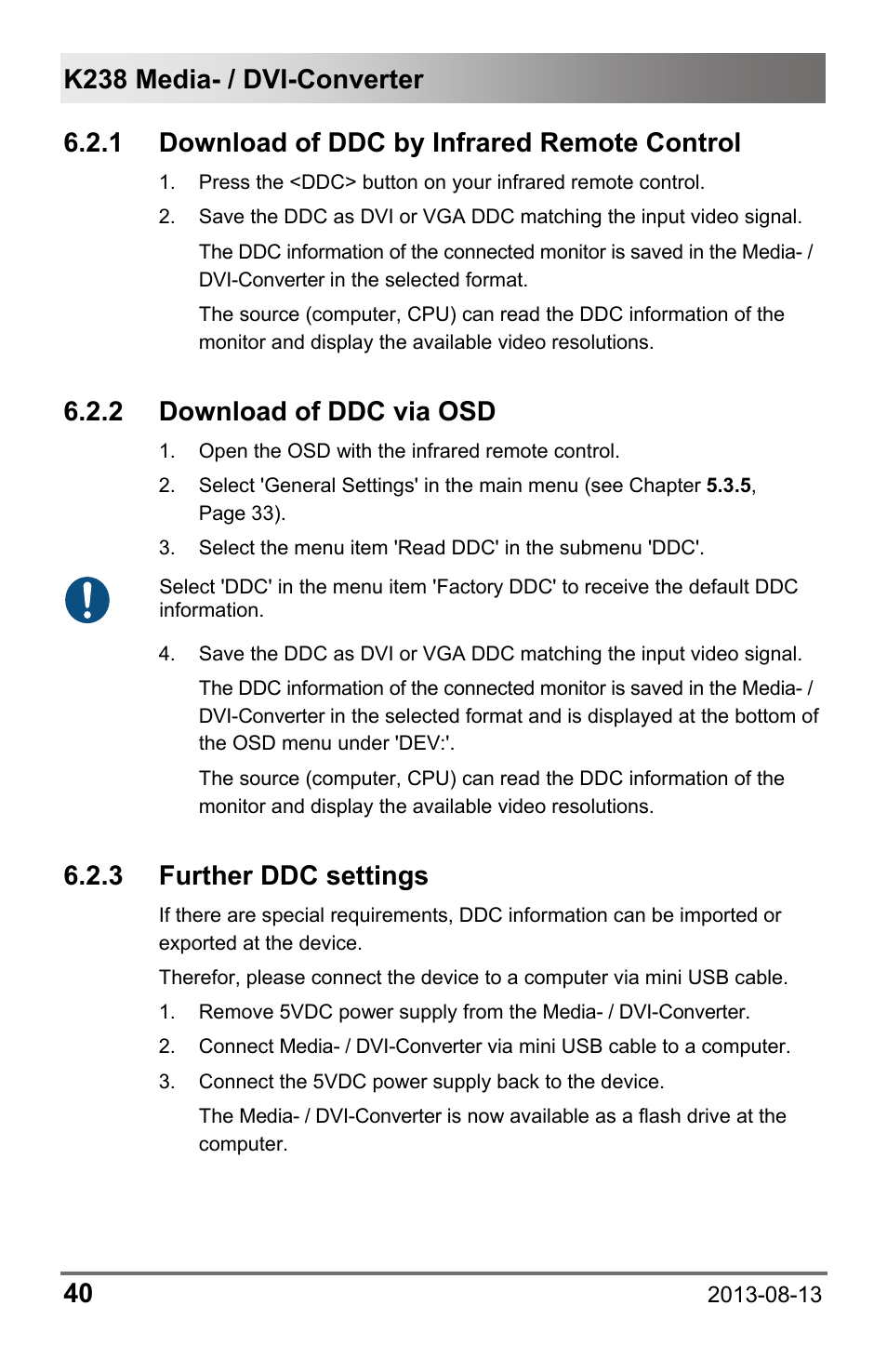 1 download of ddc by infrared remote control, 2 download of ddc via osd, 3 further ddc settings | Download of ddc by infrared remote control, 2 download, Of ddc via osd | IHSE USA 238 Series Media Converter User Manual | Page 40 / 64