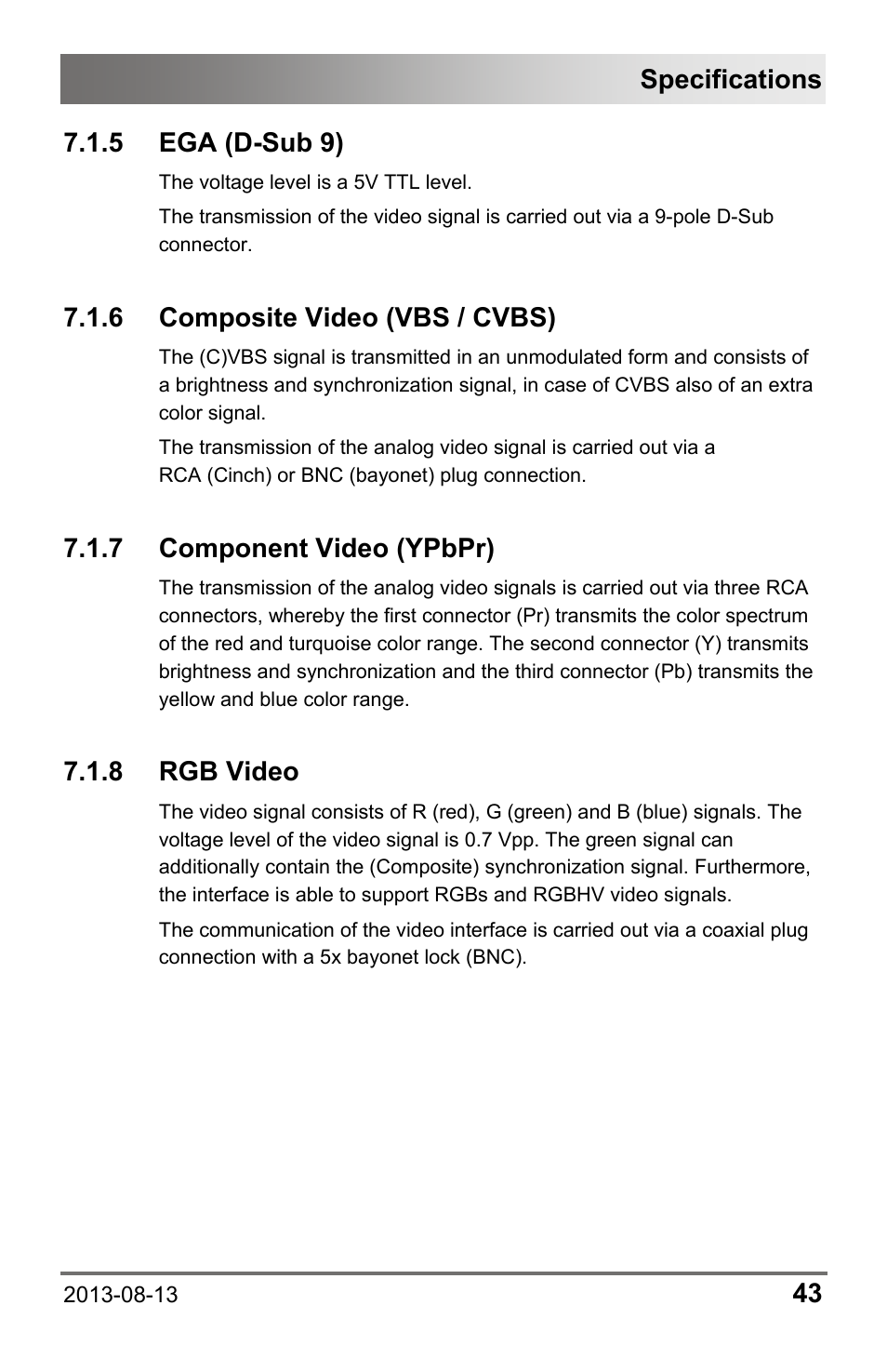 5 ega (d-sub 9), 6 composite video (vbs / cvbs), 7 component video (ypbpr) | 8 rgb video, 5 ega, D-sub 9), 6 composite, Video (vbs / cvbs), 7 component, Video (ypbpr) | IHSE USA 238 Series Media Converter User Manual | Page 43 / 64