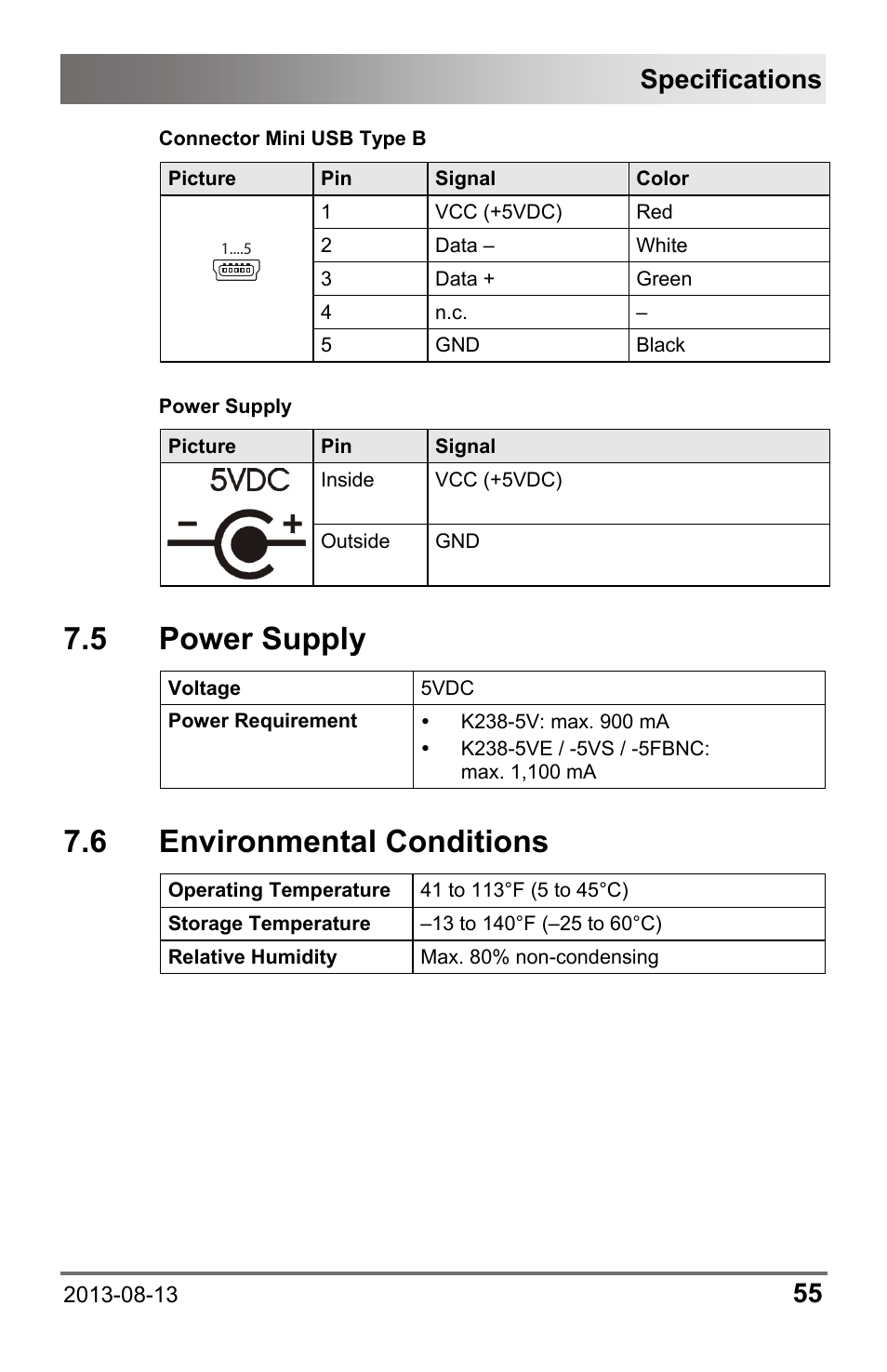 5 power supply, 6 environmental conditions, 5 power | Supply, Specifications | IHSE USA 238 Series Media Converter User Manual | Page 55 / 64