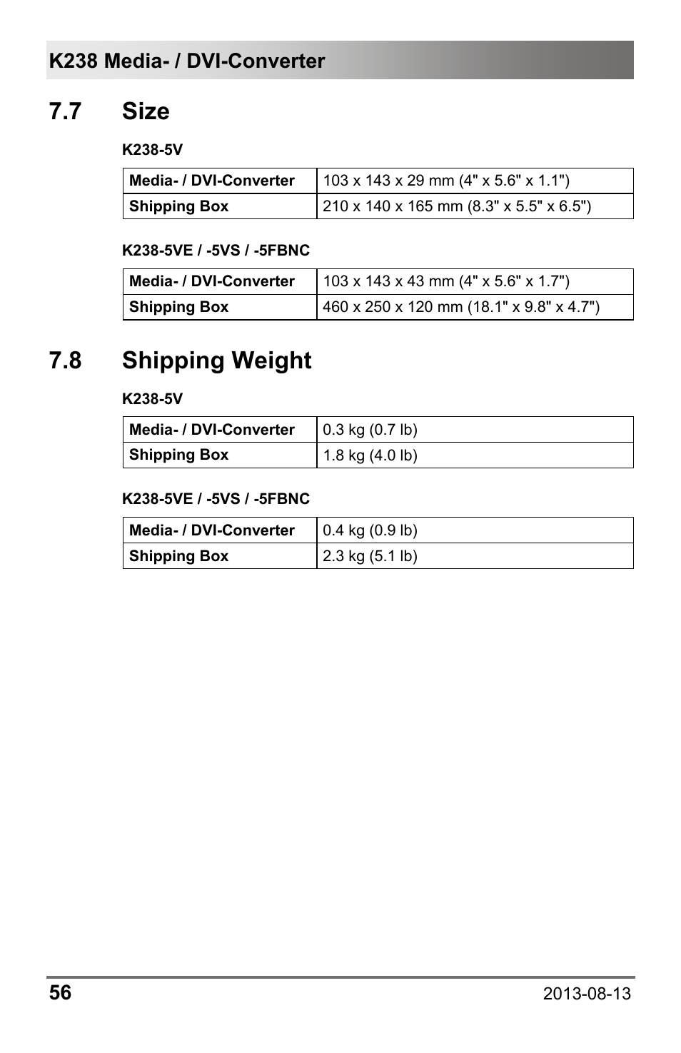 7 size, 8 shipping weight | IHSE USA 238 Series Media Converter User Manual | Page 56 / 64