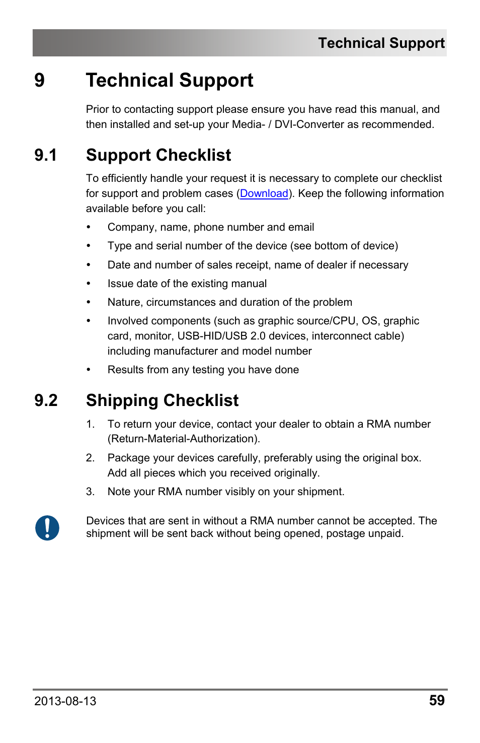 9 technical support, 1 support checklist, 2 shipping checklist | 9 technical, Support, 1 support, Checklist, 2 shipping, Technical support | IHSE USA 238 Series Media Converter User Manual | Page 59 / 64