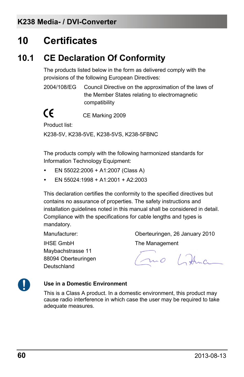 10 certificates, 1 ce declaration of conformity, 1 ce | Declaration of conformity | IHSE USA 238 Series Media Converter User Manual | Page 60 / 64