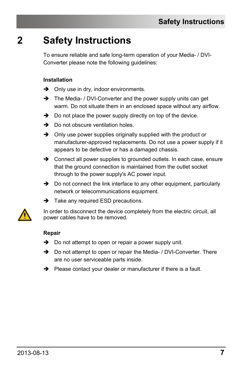2 safety instructions, 2 safety, Instructions | Safety instructions | IHSE USA 238 Series Media Converter User Manual | Page 7 / 64