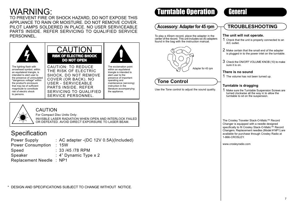 Warning, Caution, General | Turntable operation, Specification, Accessory: adapter for 45 rpm tone control, Troubleshooting | Crosley STACK-O-MATIC CR89 User Manual | Page 3 / 5