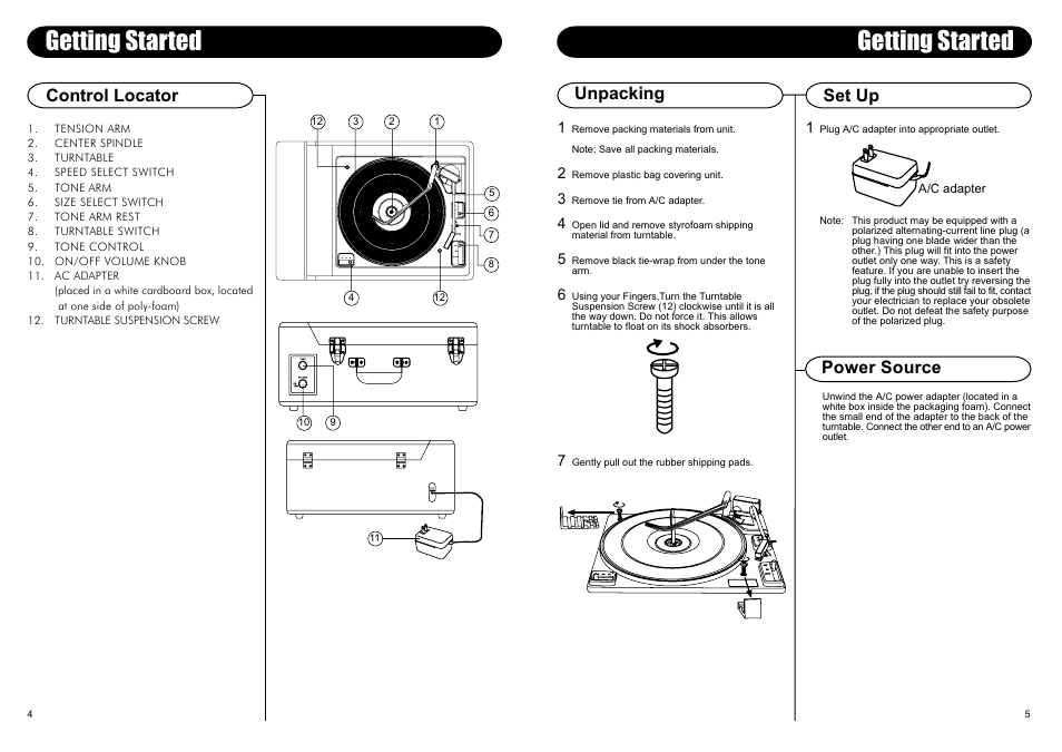 Getting started, Control locator, Unpacking | Power source set up | Crosley STACK-O-MATIC CR89 User Manual | Page 5 / 5