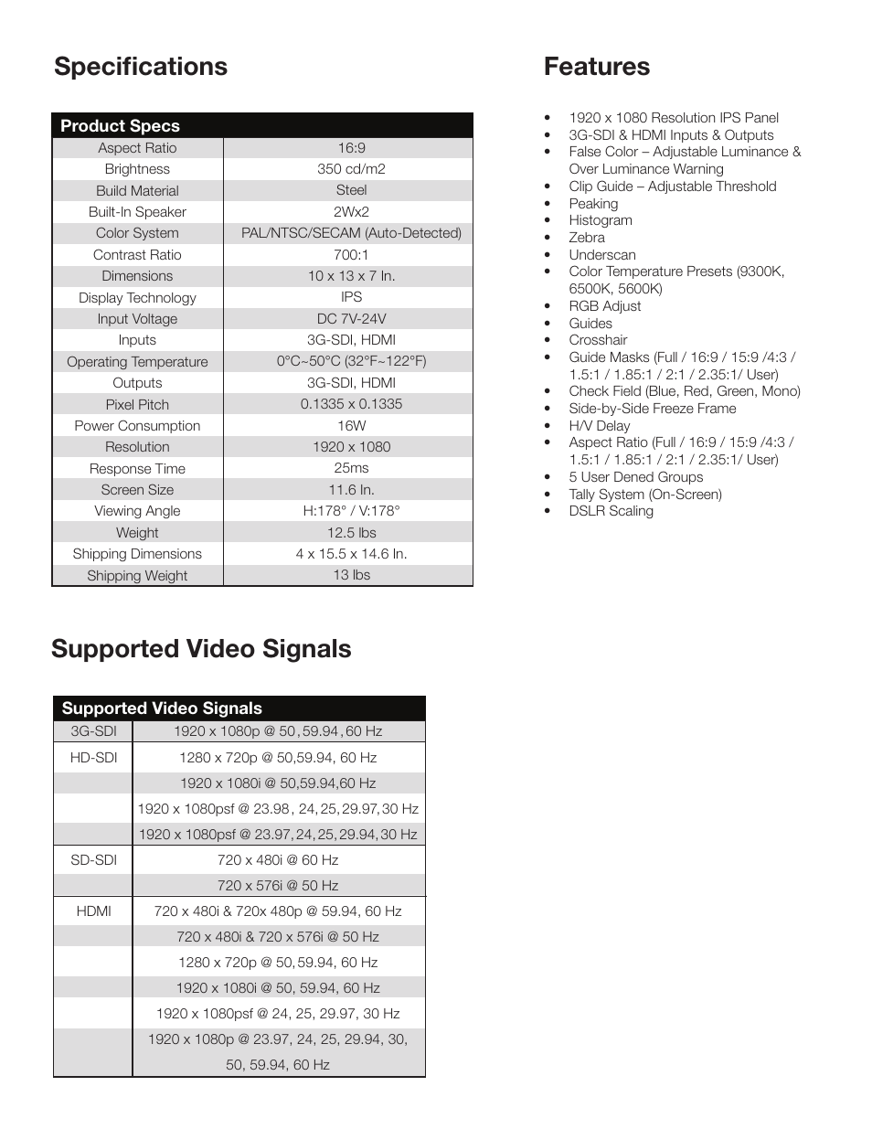 Specifications supported video signals, Features | ikan D12-FK-V User Manual | Page 6 / 7