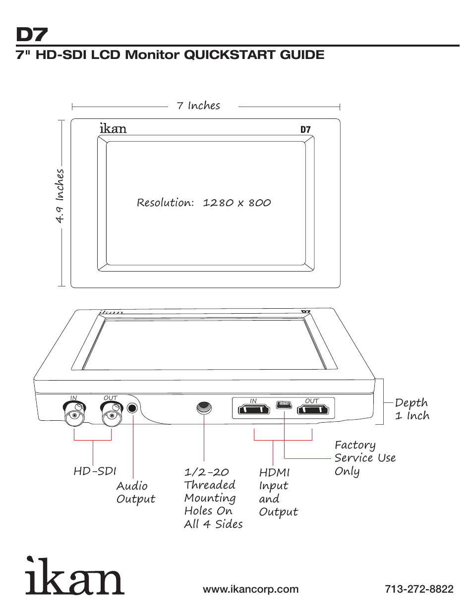 7" hd-sdi lcd monitor quickstart guide | ikan D7-1 User Manual | Page 2 / 4