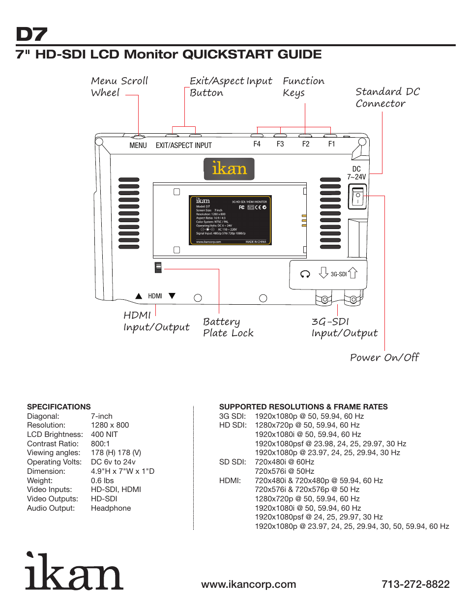 7" hd-sdi lcd monitor quickstart guide | ikan D7-1 User Manual | Page 3 / 4