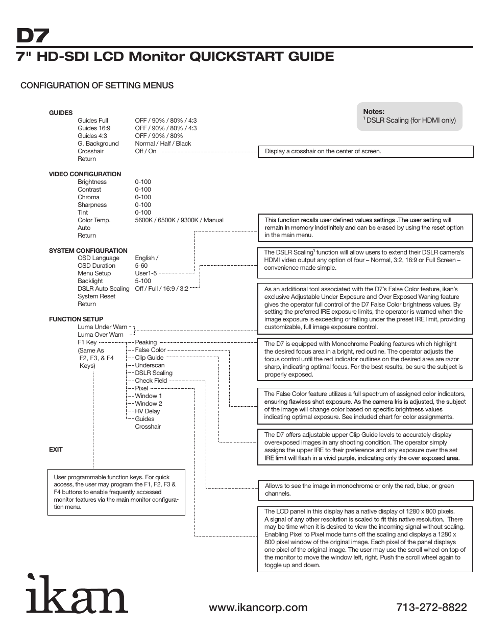 7" hd-sdi lcd monitor quickstart guide, Configuration of setting menus | ikan D7-1 User Manual | Page 4 / 4