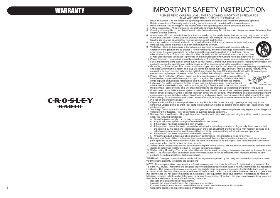 Important safety instruction, Warranty | Crosley EMPIRE CR46 User Manual | Page 2 / 5