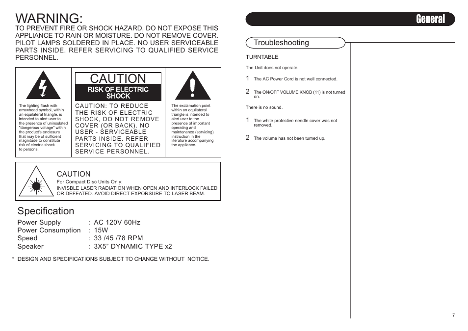 Warning, Caution, General | Specification | Crosley EMPIRE CR46 User Manual | Page 3 / 5