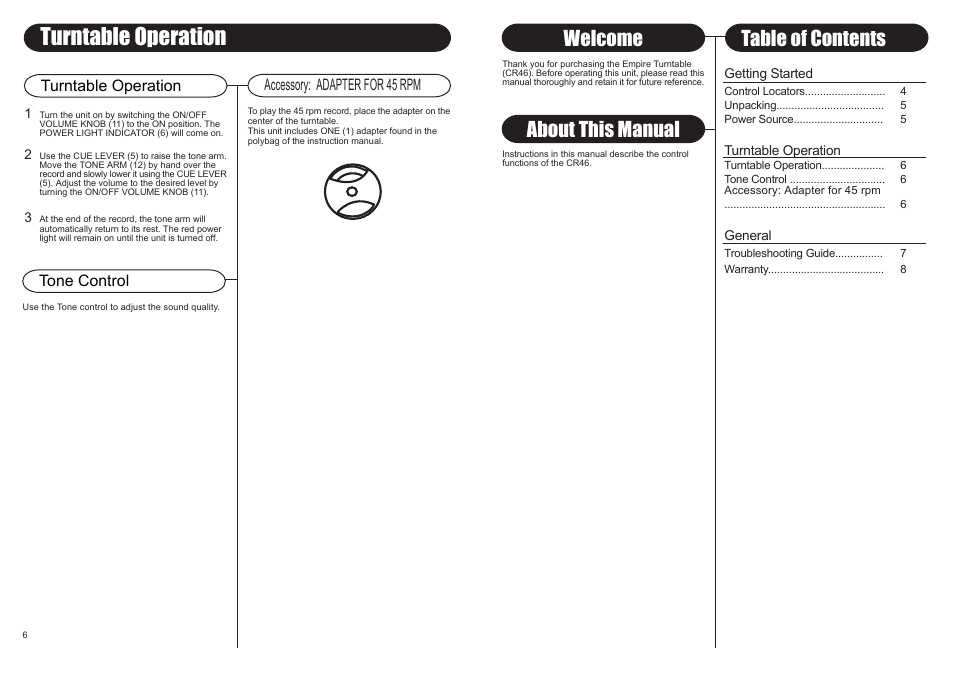 Turntable operation, About this manual, Welcome table of contents | Crosley EMPIRE CR46 User Manual | Page 4 / 5