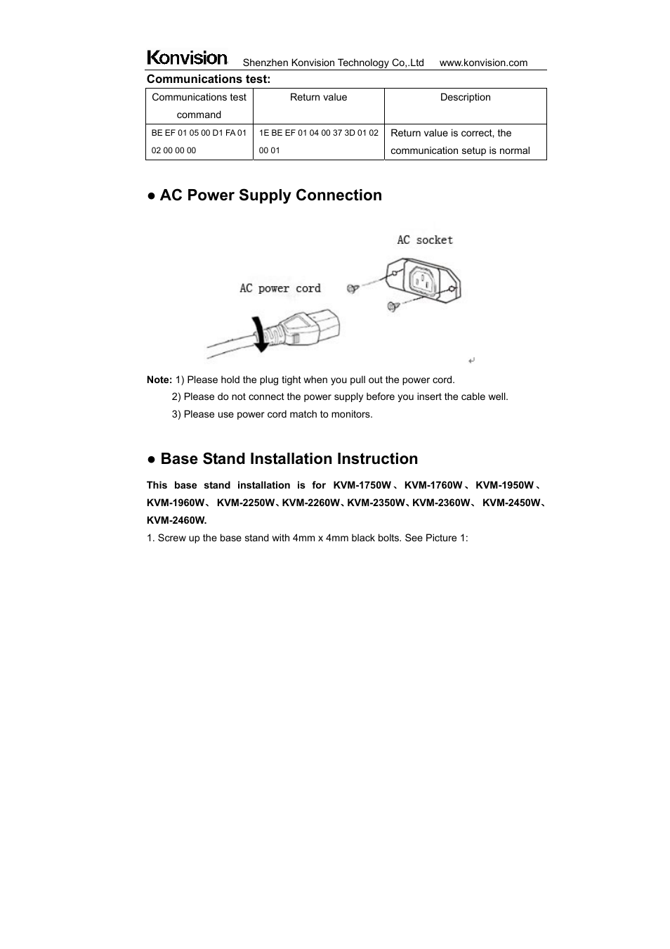 Ac power supply connection, Base stand installation instruction | ikan KVM-2450W User Manual | Page 30 / 34