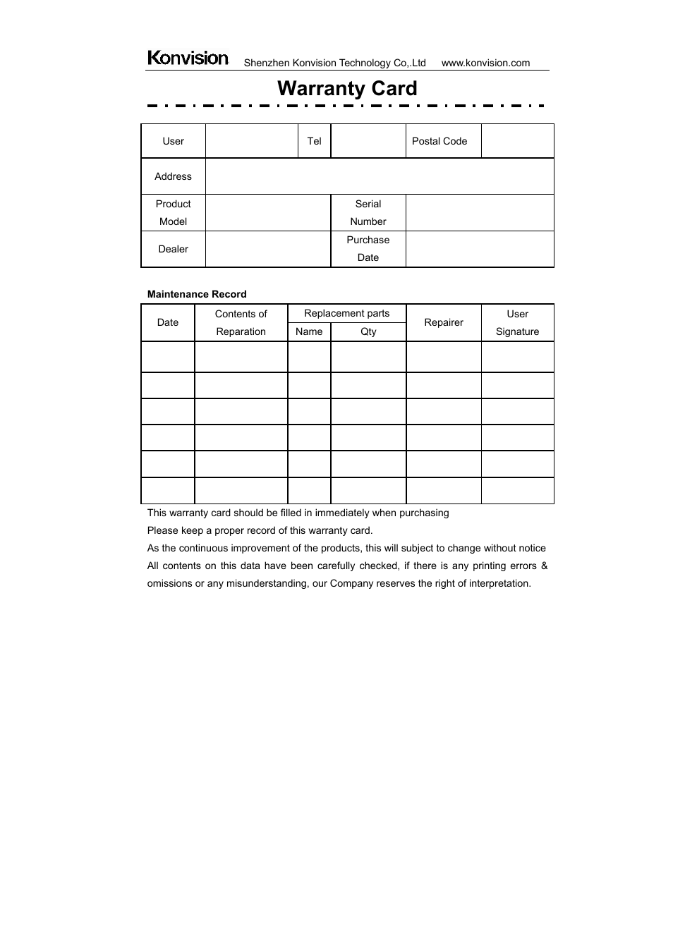 Warranty card | ikan KVM-2450W User Manual | Page 34 / 34