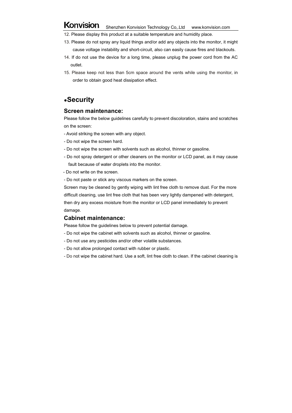 Security, Screen maintenance, Cabinet maintenance | ikan KVM-2450W User Manual | Page 4 / 34