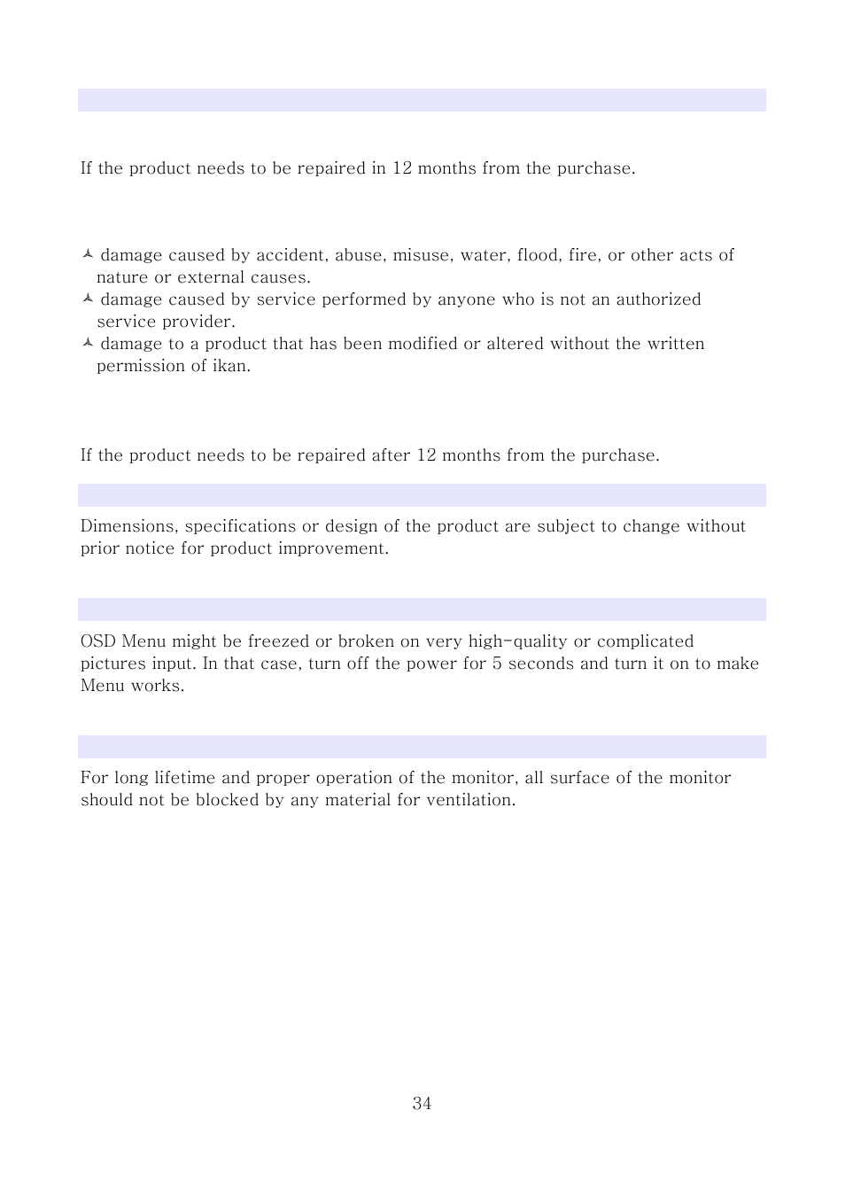 Warranty information, Modification of product, Caution on menu operation | Caution for monitor placement | ikan MD7 User Manual | Page 34 / 35