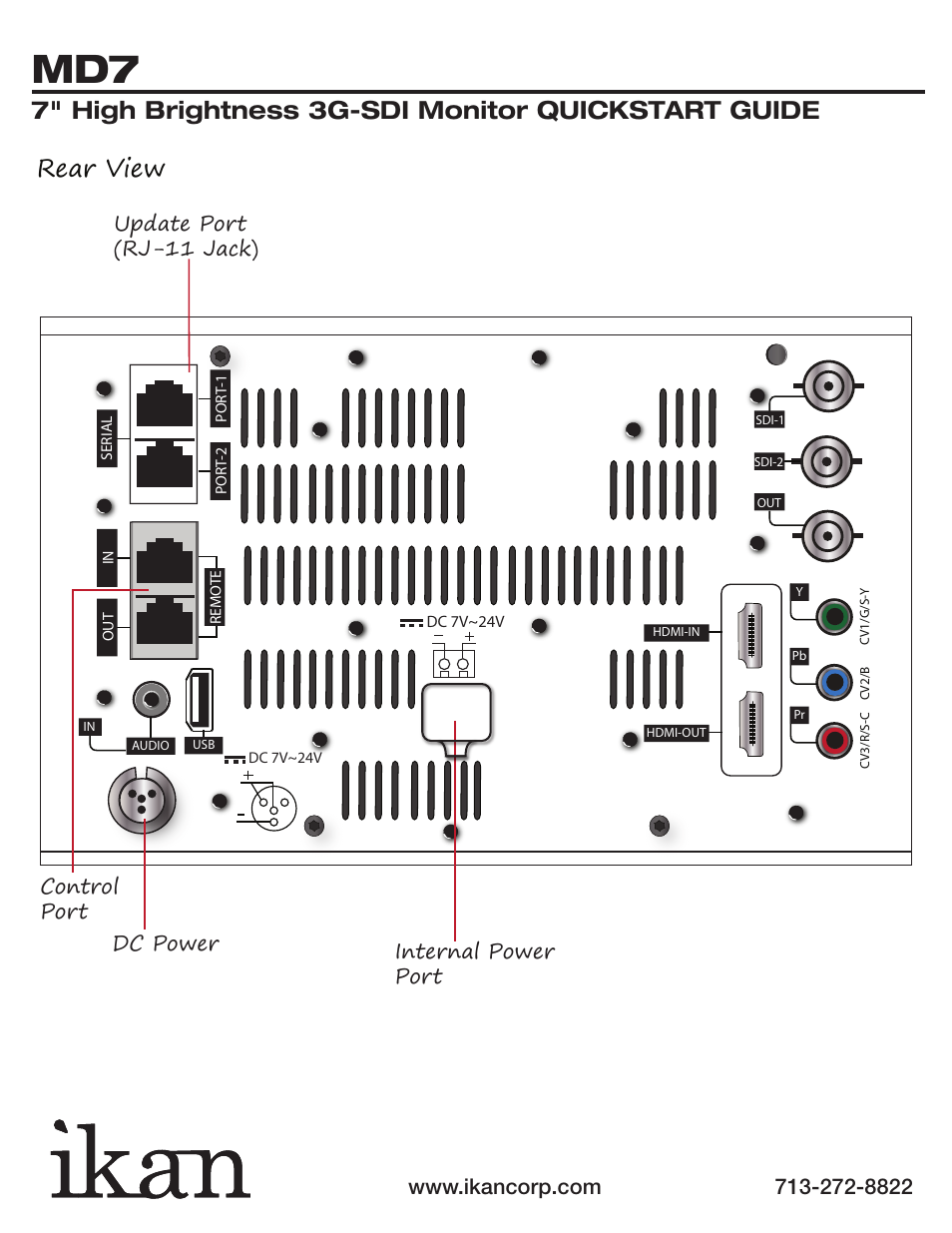 7" high brightness 3g-sdi monitor quickstart guide, Rear view, Update port (rj-11 jack) | Internal power port dc power control port | ikan MD7 Quick Start User Manual | Page 3 / 3