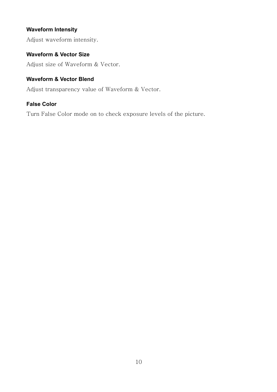 Waveform intensity, Waveform & vector size, Waveform & vector blend | False color | ikan MS21 User Manual | Page 10 / 29