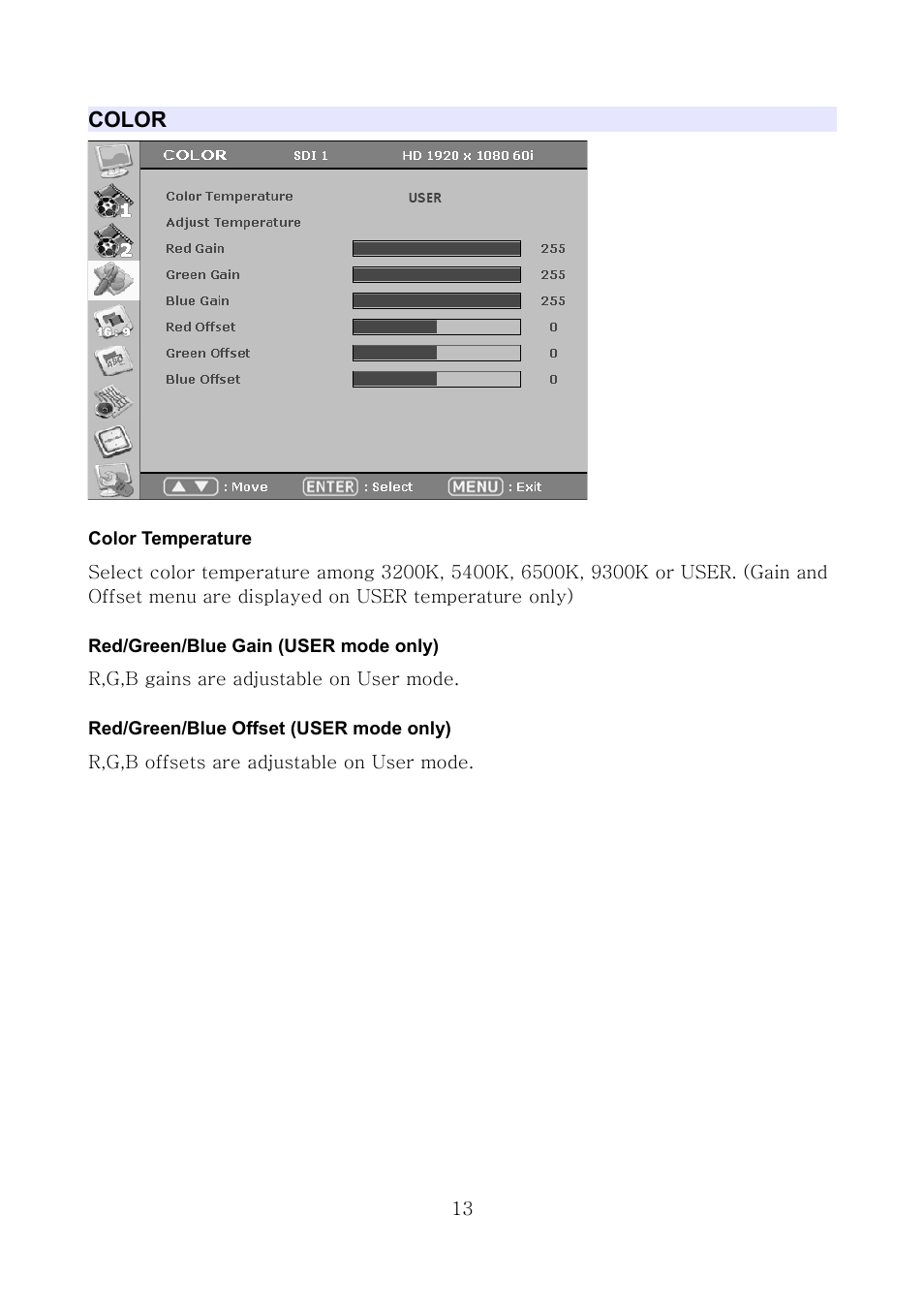 Color, Color temperature, Red/green/blue gain (user mode only) | Red/green/blue offset (user mode only) | ikan MS21 User Manual | Page 13 / 29