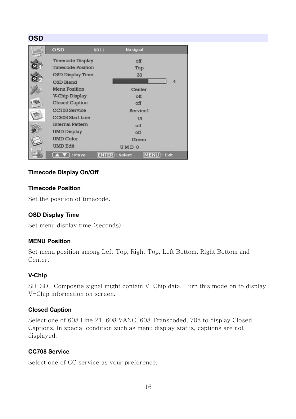 Timecode display on/off, Timecode position, Osd display time | Menu position, V-chip, Closed caption, Cc708 service | ikan MS21 User Manual | Page 16 / 29