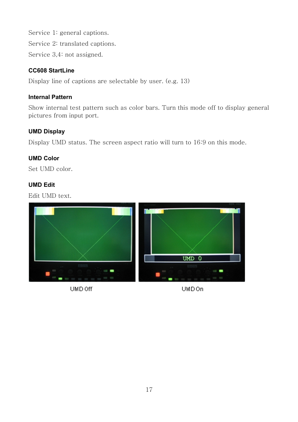 Cc608 startline, Internal pattern, Umd display | Umd color, Umd edit | ikan MS21 User Manual | Page 17 / 29