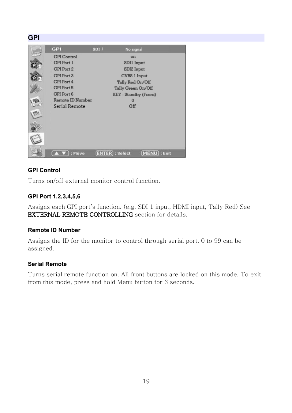 Gpi control, Gpi port 1,2,3,4,5,6, Remote id number | Serial remote | ikan MS21 User Manual | Page 19 / 29