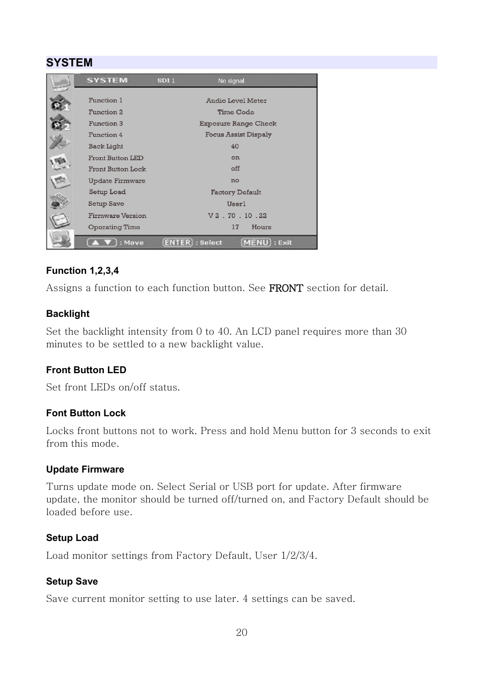 System, Function 1,2,3,4, Backlight | Front button led, Font button lock, Update firmware, Setup load, Setup save | ikan MS21 User Manual | Page 20 / 29