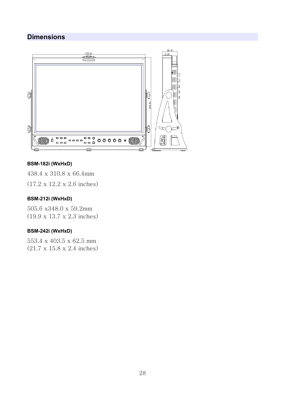 Dimensions, Bsm-182i (wxhxd), Bsm-212i (wxhxd) | Bsm-242i (wxhxd) | ikan MS21 User Manual | Page 28 / 29