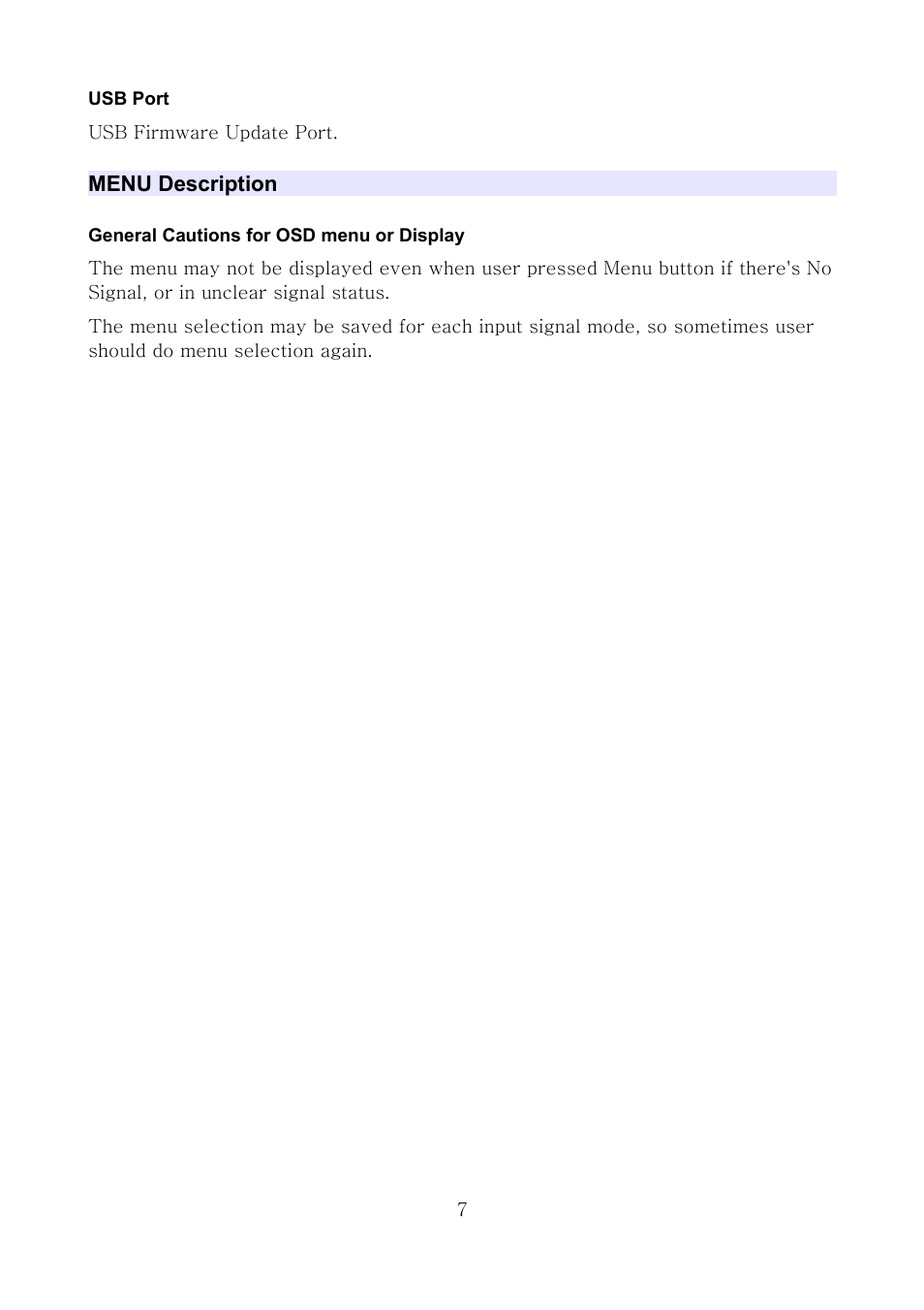 Usb port, Menu description, General cautions for osd menu or display | ikan MS21 User Manual | Page 7 / 29