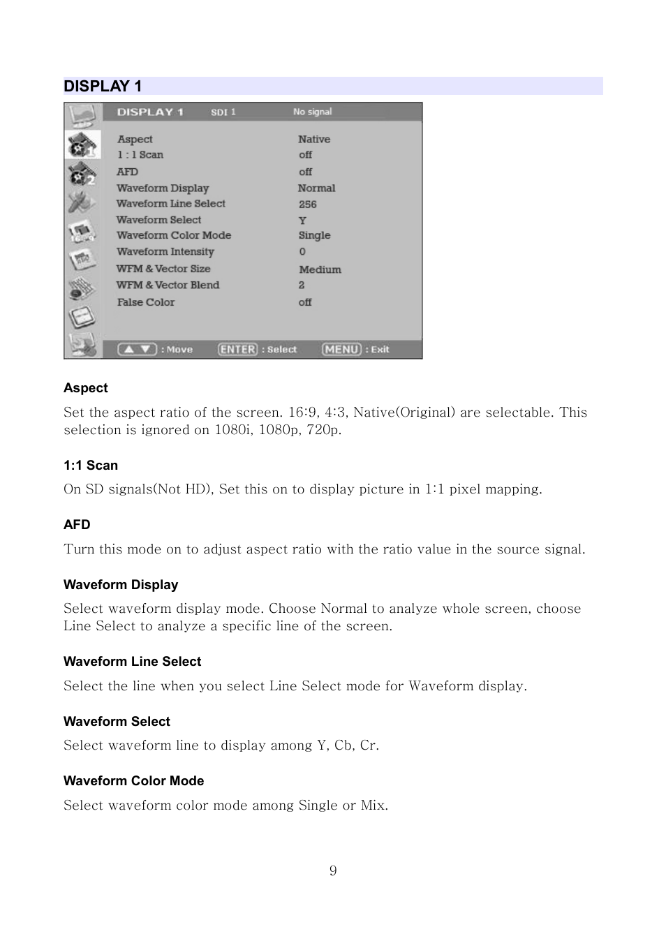 Display 1, Aspect, 1 scan | Waveform display, Waveform line select, Waveform select, Waveform color mode | ikan MS21 User Manual | Page 9 / 29