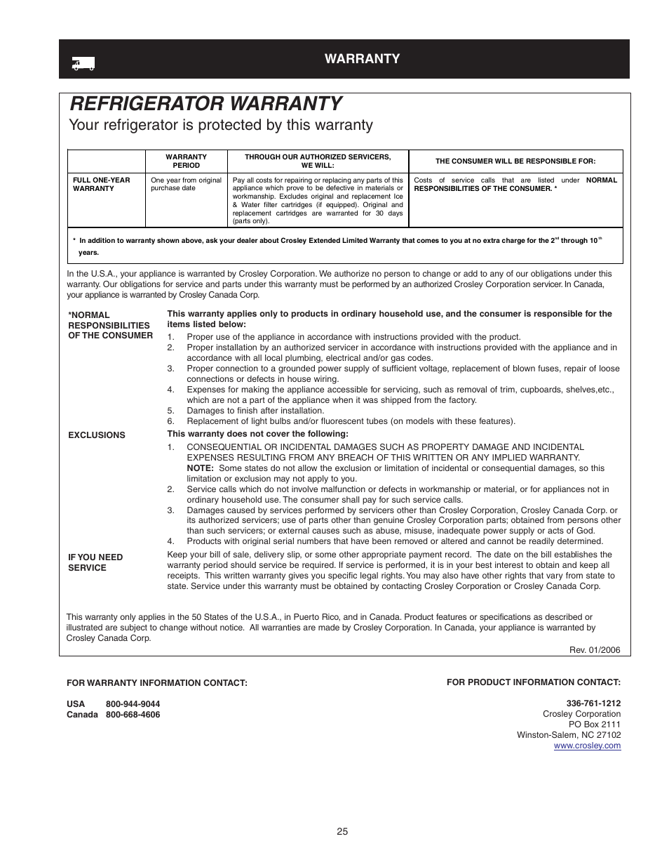 Refrigerator warranty, Your refrigerator is protected by this warranty, Warranty | Crosley 241824400 User Manual | Page 25 / 29