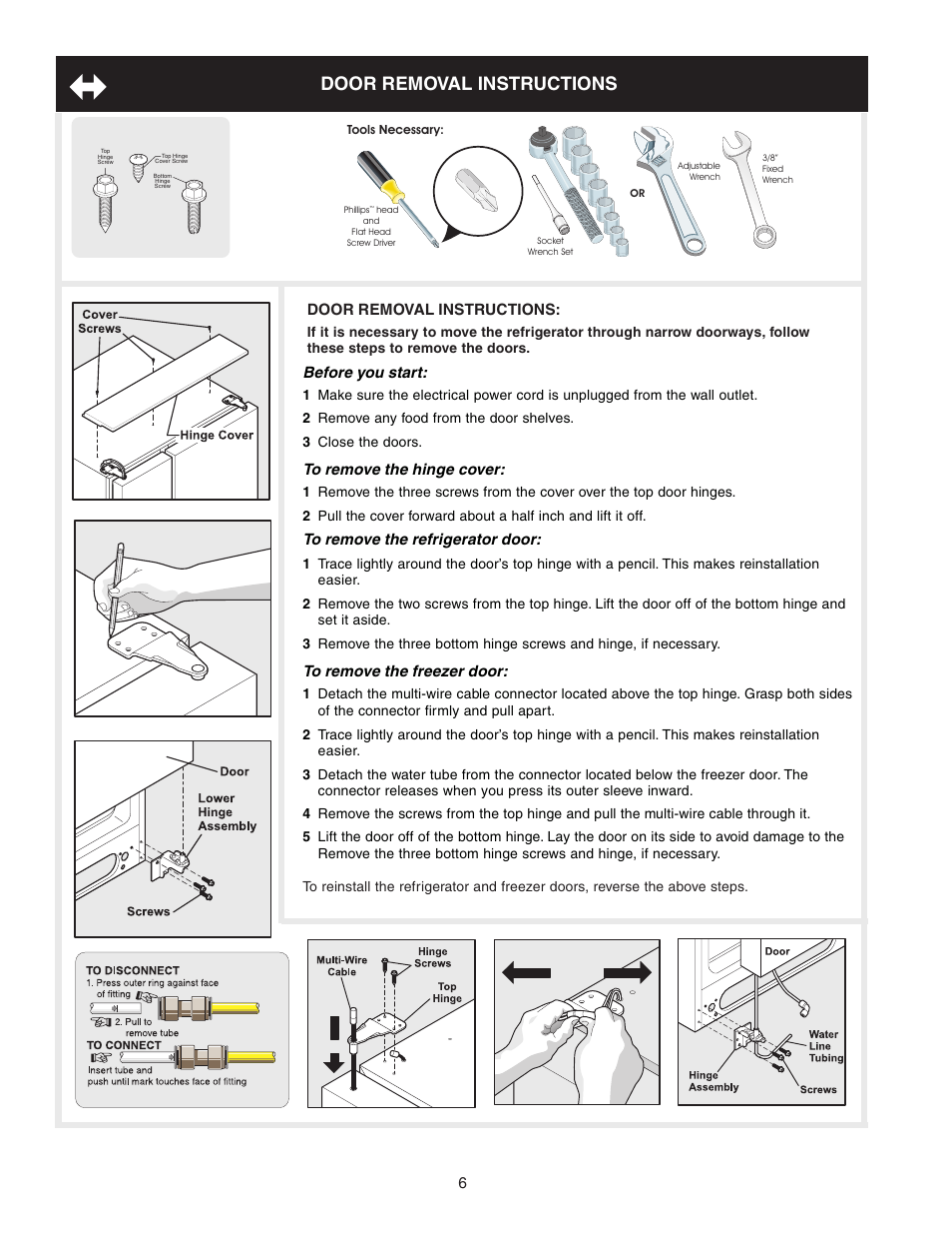 Door removal instructions, 6door removal instructions, Before you start | Crosley 241824400 User Manual | Page 6 / 29