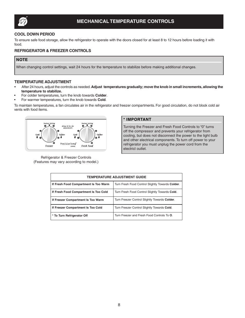 Mechanical temperature controls, Cool down period, Important | Crosley 241824400 User Manual | Page 8 / 29
