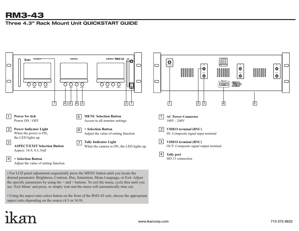 Rm3-43, Three 4.3” rack mount unit quickstart guide | ikan RM3-43 User Manual | Page 2 / 2