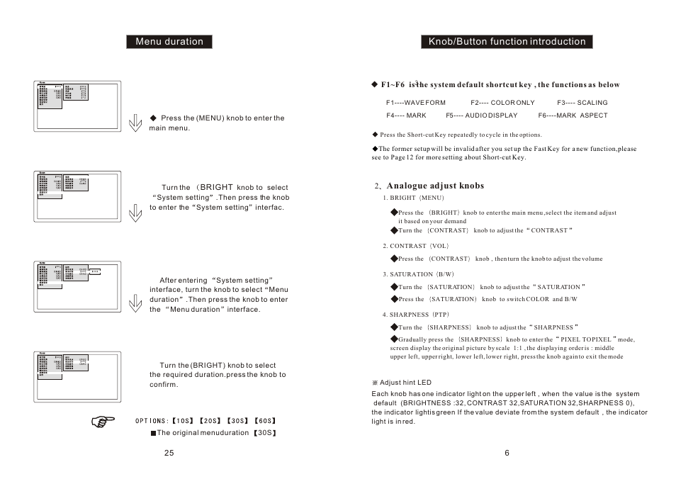 Ò³ãæ 10, Menu duration, Knob/button function introduction | Analogue adjust knobs, Bright | ikan TL2000HD-CO User Manual | Page 10 / 18