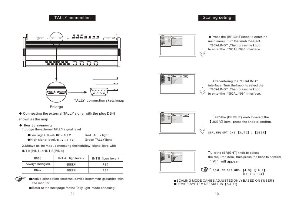 Ò³ãæ 14, Scaling seting, Tally connection | Turn, V] will appear, Enlarge tally connection sketchmap, Device system default is auto | ikan TL2000HD-CO User Manual | Page 14 / 18