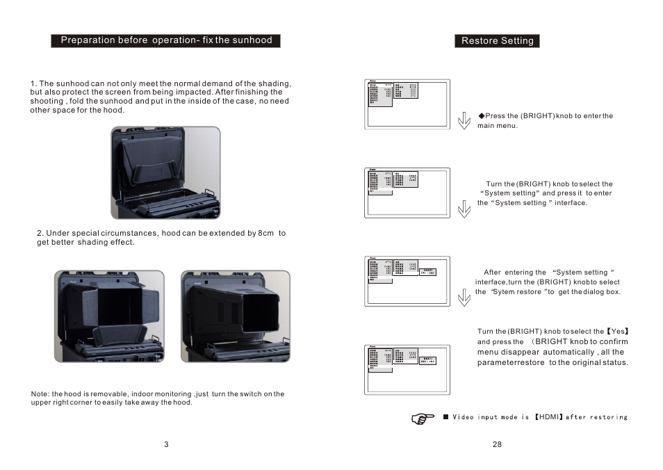 Ò³ãæ 5, Restore setting, Preparation before operation- fix the sunhood | ikan TL2000HD-CO User Manual | Page 5 / 18
