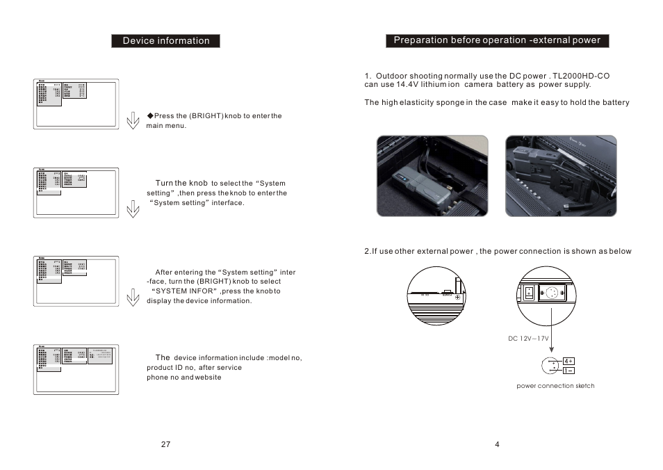 Ò³ãæ 8, Preparation before operation -external power, Device information | Turn the knob | ikan TL2000HD-CO User Manual | Page 8 / 18