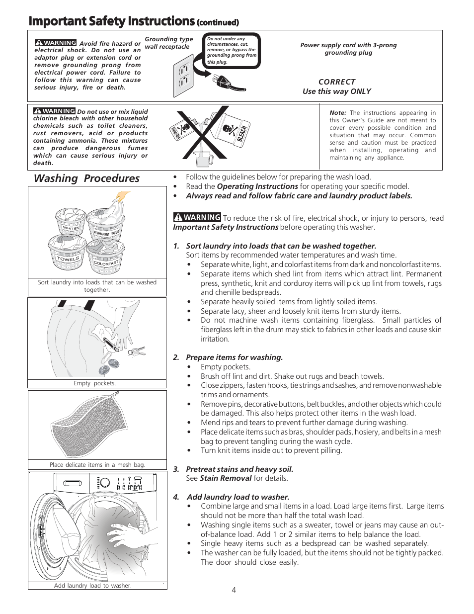 Important safety instructions, Washing procedures | Crosley 134860400A User Manual | Page 4 / 11
