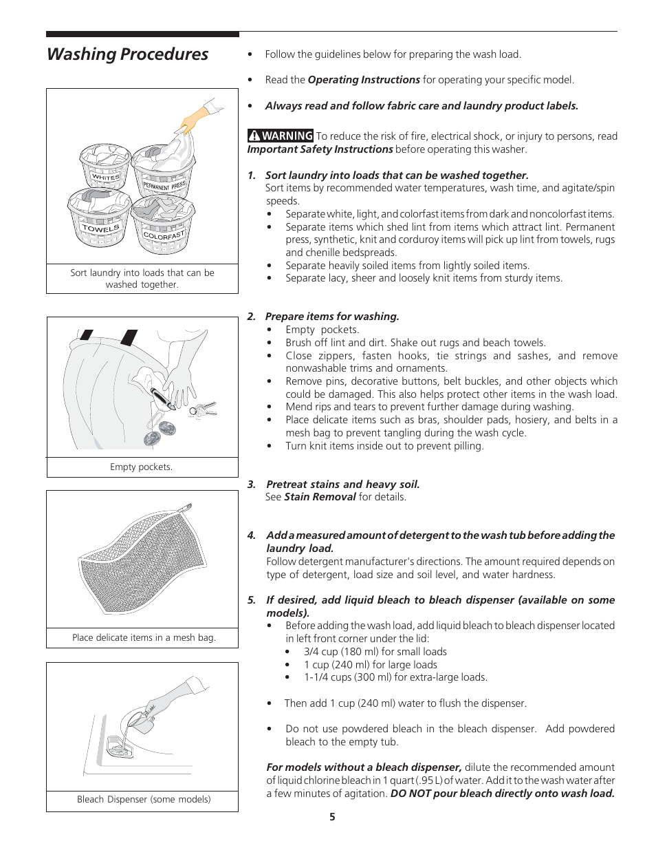Washing procedures | Crosley 134894000A User Manual | Page 5 / 12