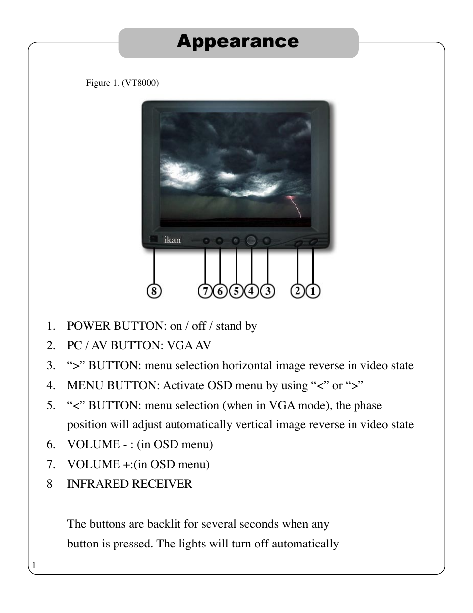 Appearance | ikan V8000T User Manual | Page 4 / 13